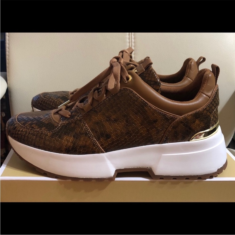 Michael Kors Brown Snake Print Leather Sneakers - Picture 2 of 6